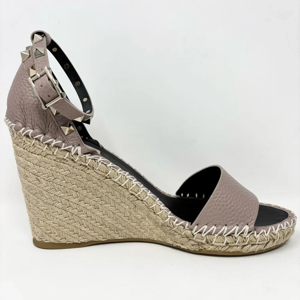 Valentino Garavani Double Rockstud Wedge Sandal 10 Poudre Espadrille Size 40 10
